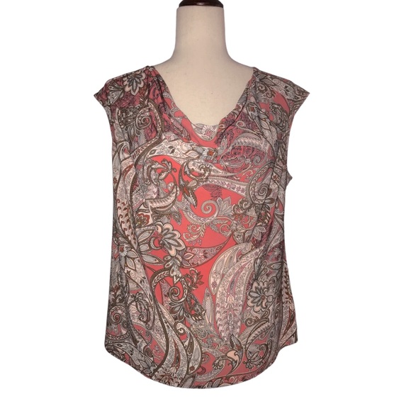 Roz & Ali Paisley Blouse Cap Sleeves Size Medium Coral Brown Cream Drape Front - Picture 10 of 13